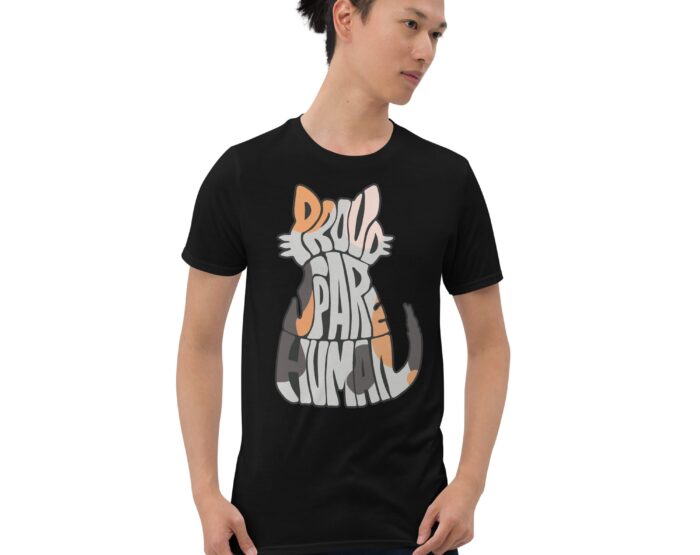 Male model wearing black Proud Spare Human T-shirt featuring a Maine Coon cat-shaped typography design – perfect Maine Coon cat gift idea