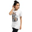 Female model wearing white Proud Spare Human tee with Maine Coon cat text art design – funny gift for Maine Coon cat owners