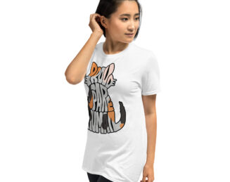Female model wearing white Proud Spare Human tee with Maine Coon cat text art design – funny gift for Maine Coon cat owners