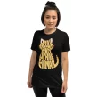 Woman wearing a black Proud Spare Human Orange Tabby Cat T-Shirt, standing confidently facing forward.