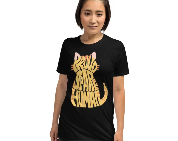 Proud Spare Human Orange Tabby Cat Shirt - Black - Woman Front Pose Woman wearing a black Proud Spare Human Orange Tabby Cat T-Shirt, standing confidently facing forward.