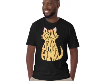 Man wearing a black Proud Spare Human Orange Tabby Cat T-Shirt, smiling with hands in pockets.