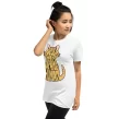 Woman wearing a white Proud Spare Human Orange Tabby Cat T-Shirt, looking to the side with a casual pose.