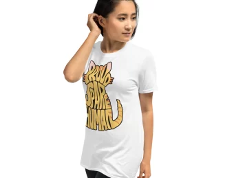 Proud Spare Human Orange Tabby Cat Shirt – White – Woman Side Pose Woman wearing a white Proud Spare Human Orange Tabby Cat T-Shirt, looking to the side with a casual pose.
