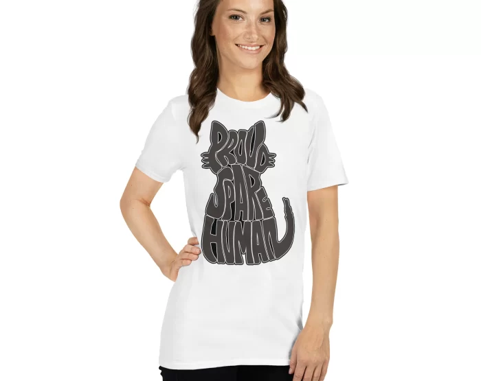 woman-russian-blue-cat-white-t-shirt woman smiling wearing a russian blue cat white t-shirt