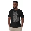 man with hands in pocket smiling wearing around spare human russian blue cat black-t-shirt