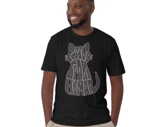 man with hands in pocket smiling wearing around spare human russian blue cat black-t-shirt