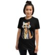Woman wearing black Calico Cat T-Shirt with “Proud Spare Human” text in cat silhouette design