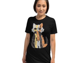 Calico Cat T-Shirt on Woman – Black Spare Human Tee Woman wearing black Calico Cat T-Shirt with “Proud Spare Human” text in cat silhouette design