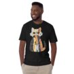Close-up view of man wearing black Calico Cat T-Shirt with bold “Proud Spare Human” typography inside a calico cat silhouette