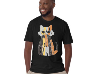 Close-up view of man wearing black Calico Cat T-Shirt with bold “Proud Spare Human” typography inside a calico cat silhouette