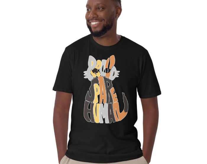 Close-up view of man wearing black Calico Cat T-Shirt with bold “Proud Spare Human” typography inside a calico cat silhouette