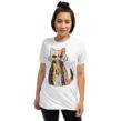 Woman modeling white Calico Cat T-Shirt featuring proud Spare Human lettering shaped like a calico cat