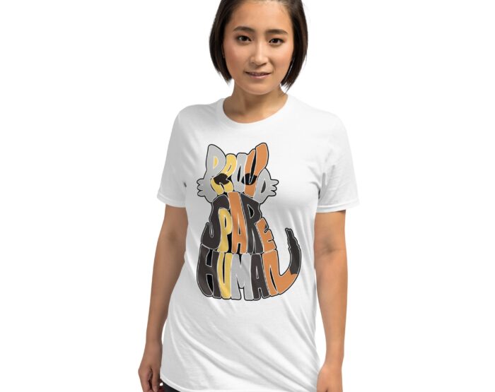 Woman modeling white Calico Cat T-Shirt featuring proud Spare Human lettering shaped like a calico cat