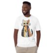 Man wearing white Calico Cat T-Shirt with colorful text art forming a cat shape that reads “Proud Spare Human”