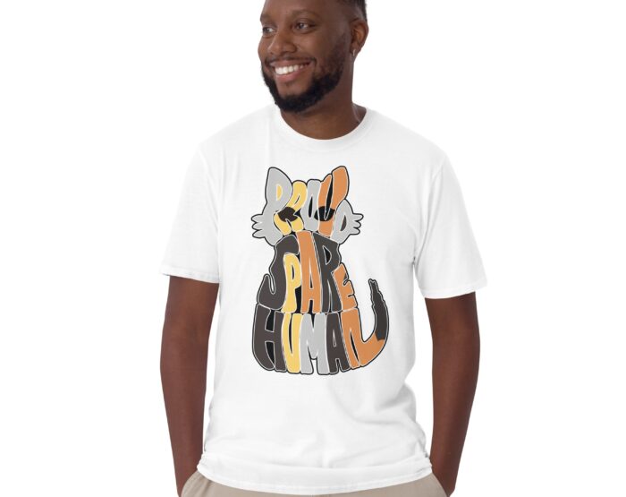 Man wearing white Calico Cat T-Shirt with colorful text art forming a cat shape that reads “Proud Spare Human”
