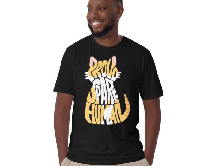Man wearing black Proud Spare Human shirt—funny unisex T-shirt for Persian cat dads and pet lovers