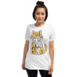 White unisex Proud Spare Human shirt featuring cat design, modeled by woman—great Persian cat gift for cat moms