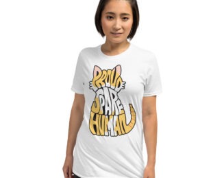 White unisex Proud Spare Human shirt featuring cat design, modeled by woman—great Persian cat gift for cat moms