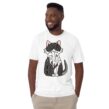 man with hands in pocket smiling wearing tuxedo-cat white-t-shirt