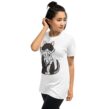 woman side view tuxedo cat white t-shirt