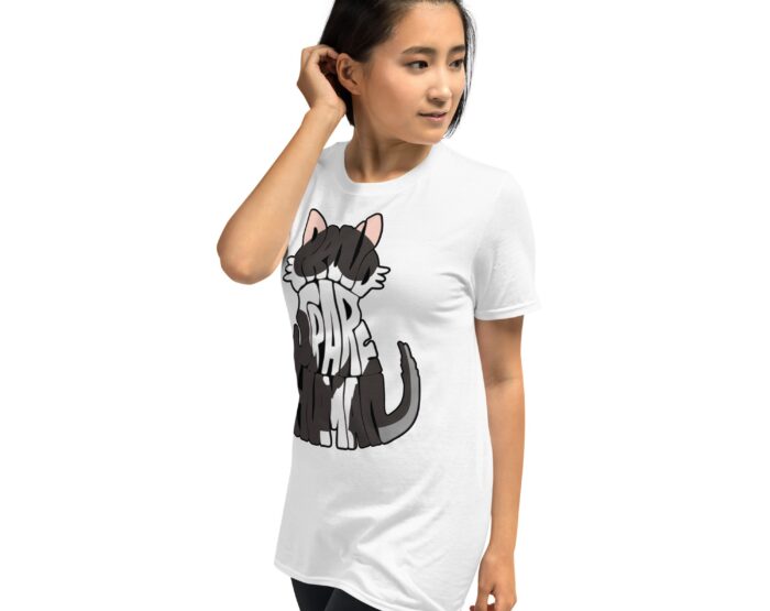 woman wearing tuxedo cat white t-shirt woman side view tuxedo cat white t-shirt