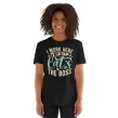 Black woman modeling black cat boss t-shirt, front view with natural curls.
