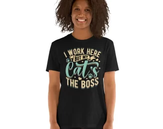 Black woman modeling black cat boss t-shirt, front view with natural curls.