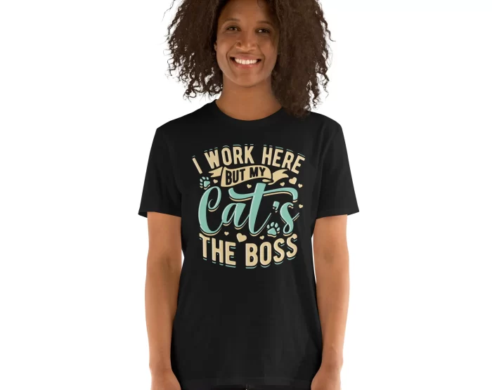 Black woman modeling black cat boss t-shirt, front view with natural curls.