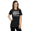 Woman modeling black "Spare Human Like a Regular Human" t-shirt, front view