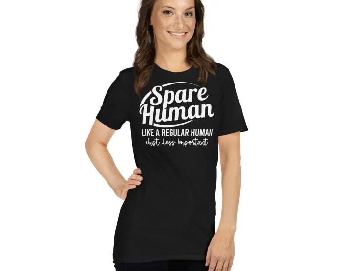 Black Spare Human Shirt Female Model Woman modeling black "Spare Human Like a Regular Human" t-shirt, front view