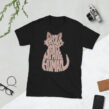 Black Sphynx cat t-shirt with Proud Spare Human cat design displayed flat with camera and pen