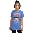 Woman wearing heather blue "I Work Hard So My Cat Has a Better Life" shirt with white and pink print