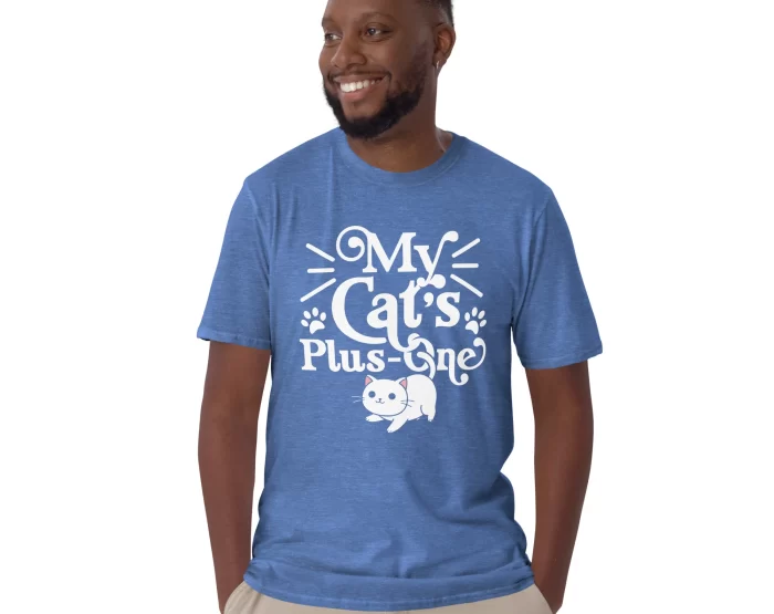 Man wearing blue "My Cat’s Plus One" cat lover t-shirt, front-facing on white background