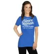 Woman wearing royal blue "Spare Human Like a Regular Human" shirt front-facing