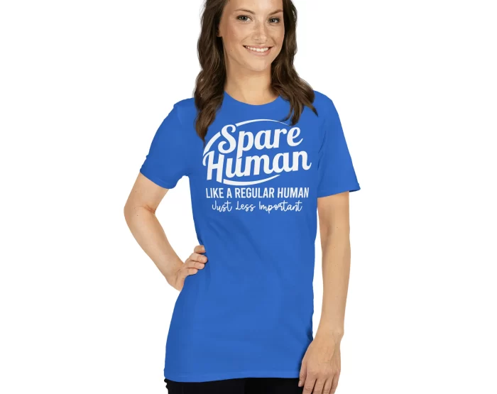 Blue Spare Human Shirt Female Model Woman wearing royal blue "Spare Human Like a Regular Human" shirt front-facing