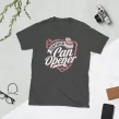 Alternate angle flat lay of black Certified Can Opener t-shirt for cat lovers with white text