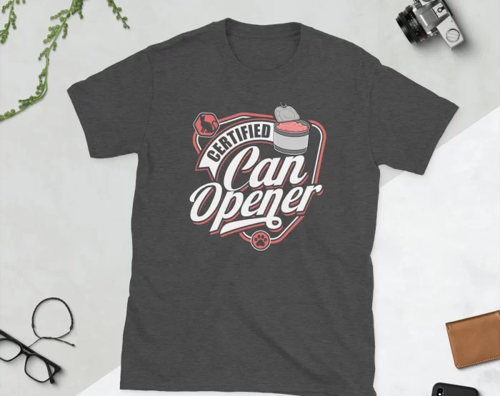 Certified Can Opener T-Shirt Flat Lay Dark Gray Alternate angle flat lay of black Certified Can Opener t-shirt for cat lovers with white text