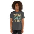 Front view of woman wearing dark gray "I Work Here But My Cat’s the Boss" shirt on white background.