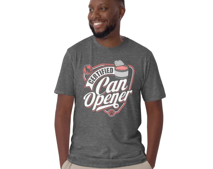 Graphite Heather Certified Can Opener Shirt Male Model Man wearing Graphite Heather Certified Can Opener t-shirt with hands in pockets, casual pose