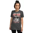 Front-facing view of woman wearing heather gray cat parent t-shirt with bold text