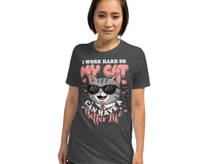 Heather Gray Cat Work Shirt on Female Model Front-facing view of woman wearing heather gray cat parent t-shirt with bold text