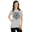 Woman wearing grey "My Cat’s Plus One" t-shirt, front-facing with black pants