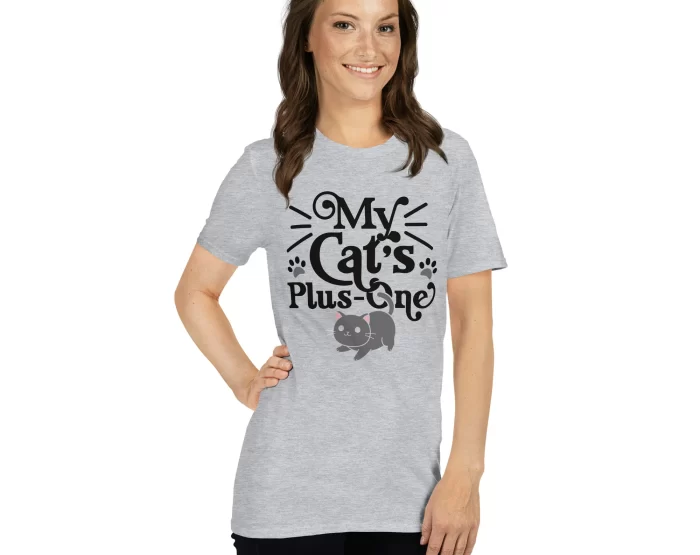 Woman wearing grey "My Cat’s Plus One" t-shirt, front-facing with black pants