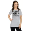 Woman in gray "Spare Human" shirt with hands on hips, confident pose