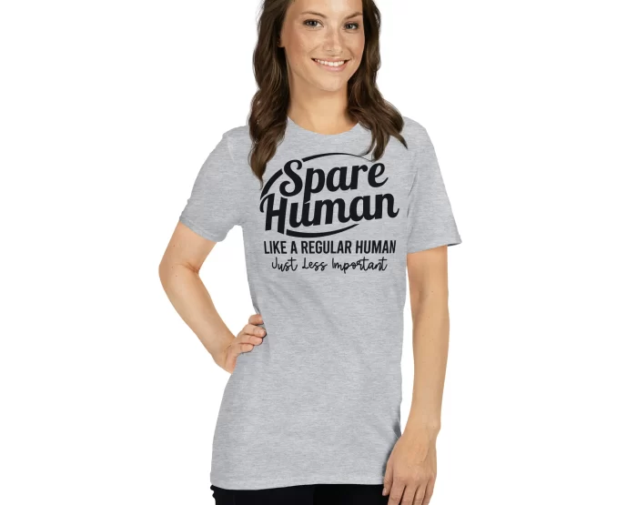 Gray Spare Human Shirt Female Confident Pose Woman in gray "Spare Human" shirt with hands on hips, confident pose