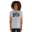 Woman modeling gray "The Spare Human" shirt, front-facing with natural hairstyle