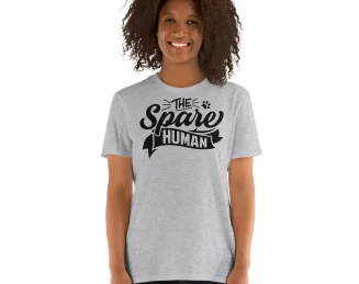 Woman modeling gray "The Spare Human" shirt, front-facing with natural hairstyle