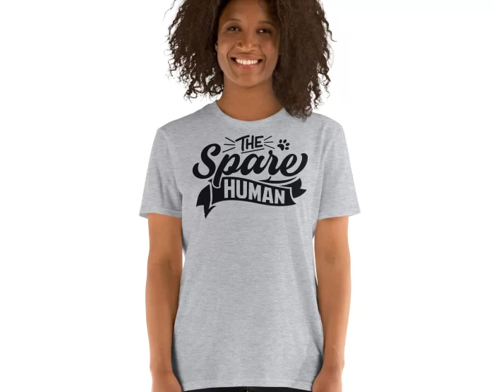 Gray Spare Human Shirt Female Model Woman modeling gray "The Spare Human" shirt, front-facing with natural hairstyle