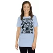 Female model wearing light blue "I Didn’t Choose the Spare Human Life" tee on white backdrop.